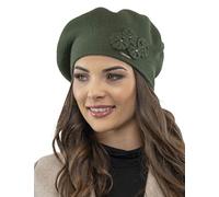 VIVISENCE Baskenmütze Damen Elegant Blume Warm Herbst Winter Accessoire 7006, Grün,Einheitsgröße