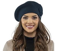 VIVISENCE Baskenmütze Damen Winter Elegante Mit Klassischem Herbst Frauen Mütze Schnitt Warmer Wollmischung Floraler Applikation Perfekter Passform Ideal Für Kalte Tage, Dunkelblau,Einheitsgröße