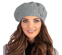 VIVISENCE Baskenmütze Damen Winter Elegante Mit Klassischem Herbst Frauen Mütze Schnitt Warmer Wollmischung Floraler Applikation Perfekter Passform Ideal Für Kalte Tage Modell, Hellgrau,Einheitsgröße