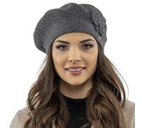 VIVISENCE Baskenmütze Damen Winter Elegante Mit Klassischem Herbst Frauen Mütze Schnitt Warmer Wollmischung Floraler Applikation Perfekter Passform Ideal Für Kalte Tage, Dunkelgrau,Einheitsgröße