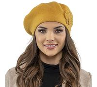 VIVISENCE Baskenmütze Damen Winter Elegante Mit Klassischem Herbst Frauen Mütze Schnitt Warmer Wollmischung Floraler Applikation Perfekter Passform Ideal Für Kalte Tage Modell, Honig,Einheitsgröße