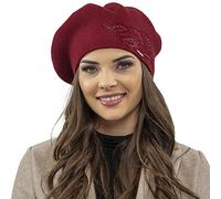 VIVISENCE Baskenmütze Für Damen Winter Herbst Warme Barette Mit Glänzender Zirkonia-Applikation Frauen Elegante Klassischem Stil Perfekte Für Herbst Und Wintertage Modell 7051, Weinrot,Einheitsgröße