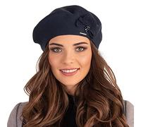 Vivisence Baskenmütze Winter Damen Mit Klassischem Schnitt Elegante Mütze Mit Wärmendem Garn Mit Wollzusatz Wintermütze Für Frauen Blumenapplikation Perfekte Anpassung Modell, Dunkelblau,Einheitsgröße