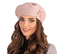 VIVISENCE Baskenmütze Winter Damen Mit Klassischem Schnitt Elegante Mütze Mit Wärmendem Garn Mit Wollzusatz Wintermütze Für Frauen Blumenapplikation Perfekte Anpassung Modell 7036, Rosa,Einheitsgröße