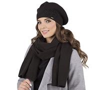 VIVISENCE Damen Baskenmütze Eleganter Wintermütze Und Schal Set Warm Kopfbedeckung Und Halsbedeckung An Winter Und Herbst Warm Dick, Winterset Für Frauen, Hergestellt In EU, Schwarz