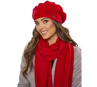 VIVISENCE Damen Baskenmütze Eleganter Wintermütze Und Schal Set Warm Kopfbedeckung Und Halsbedeckung An Winter Und Herbst Warm Dick, Winterset Für Frauen, Hergestellt In EU, Rot