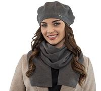 VIVISENCE Damen Baskenmütze Eleganter Wintermütze Und Schal Set Warm Kopfbedeckung Und Halsbedeckung An Winter Und Herbst Warm Dick, Winterset Für Frauen, Hergestellt In EU, Dunkelgrau