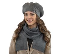 VIVISENCE Damen Mütze Mit Schal Mit Blume Applikation Wärme An Wintertagen 7006, Dunkelgrau,Einheitsgröße