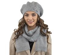 VIVISENCE Damen Mütze Mit Schal Mit Blume Applikation Wärme An Wintertagen 7006, Hellgrau,Einheitsgröße