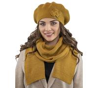 VIVISENCE Damen Mütze Mit Schal Mit Blume Applikation Wärme An Wintertagen 7006, Honig,Einheitsgröße