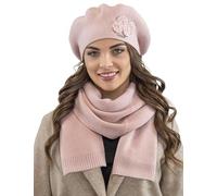 VIVISENCE Damen Mütze Mit Schal Mit Blume Applikation Wärme An Wintertagen 7006, Rosa,Einheitsgröße