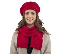 VIVISENCE Damen Mütze Mit Schal Mit Blume Applikation Wärme An Wintertagen 7006, Rot,Einheitsgröße