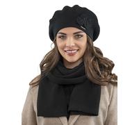 VIVISENCE Damen Mütze Mit Schal Mit Blume Applikation Wärme An Wintertagen 7006, Schwarz,Einheitsgröße