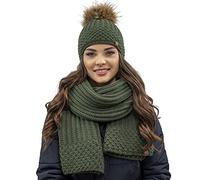 VIVISENCE Damen Mütze Mit Schal Set Mit Fleecefutter Wärme An Wintertagen 7016, Grün,Einheitsgröße