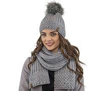 VIVISENCE Damen Mütze Mit Schal Set Mit Fleecefutter Wärme An Wintertagen 7016, Hellgrau,Einheitsgröße