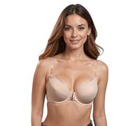 VIVISENCE Damen Push Up BH Rueckenfrei Mit Frontverschluss Gepolsterte Cups Abnehmbare Transparente Traeger Fuer Abendkleider, Beige,75A