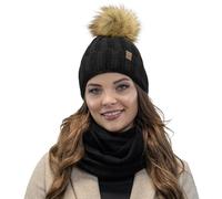 VIVISENCE Damen Winterset Mit Modischer Bommelmütze Und Loop-Schal Hergestellt Aus Warmem Garn Mit Weichem Fleecefutter Anti-Statische Perfekt Für Kalte Tage Stilvolle, Schwarz,Einheitsgröße