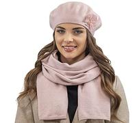 VIVISENCE Elegantes Damen Winter Set Aus Baskenmütze Mit Blumenapplikation Und Langer Schal Aus Warmem Garn Perfekte Für Kalte Wintertage Ideal Für Elegante Und Sportliche Outfits, Rosa,Einheitsgröße