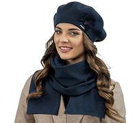 VIVISENCE Elegantes Damen Winter Set Aus Baskenmütze Mit Blumenapplikation Und Langer Schal Aus Warmem Garn Perfekte Für Kalte Wintertage Ideal Für Elegante Und Sportliche, Dunkelblau,Einheitsgröße