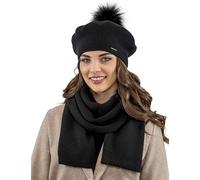 VIVISENCE Elegantes Damen Winter Set Aus Baskenmütze Mit Bommel Und Schal Aus Warmem Garn Mit Wollzusatz Perfekte Für Elegante Und Sportliche Outfits Ideal Für Kalte Wintertage, Schwarz,Einheitsgröße