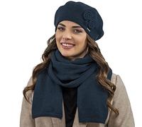 VIVISENCE Elegantes Damen Winter Set Aus Baskenmütze Und Langem Schal Aus Wärmendem Wollgarn Perfekte Passform Für Kalte Wintertage Ideal Für Elegante Und Sportliche Outfits, Dunkelblau,Einheitsgröße