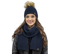 VIVISENCE Elegantes Damen Winter Set Aus Mütze Und Schal Mit Bommel Aus Warmem Garn Antistatische Eigenschaften Perfekte Passform Für Elegante Und Sportliche Outfits, Dunkelblau,Einheitsgröße