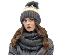 VIVISENCE Modisches Winterset Für Damen Warme Mütze Mit Antistatischem Fleece Und Umweltfreundlichem Bommel Passender Loop-Schal Aus Weichem Garn Perfekt Für Kalte Tage Und, Dunkelgrau,Einheitsgröße