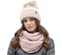 VIVISENCE Modisches Winterset Für Damen Warme Mütze Mit Antistatischem Fleece Und Umweltfreundlichem Bommel Passender Loop-Schal Aus Weichem Garn Perfekt Für Kalte Tage Und, Pink,Einheitsgröße