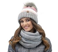 VIVISENCE Modisches Winterset Für Damen Warme Mütze Mit Antistatischem Fleece Und Umweltfreundlichem Bommel Passender Loop-Schal Aus Weichem Garn Perfekt Für Kalte Tage Und, Grau,Einheitsgröße