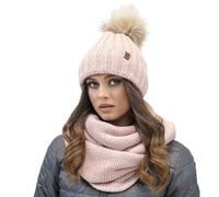 VIVISENCE Trendiges Damen-Set Mütze Mit Kunstpelz-Bommel Und Loop-Schal Aus Warmem Garn Antistatisches Fleece-Innenfutte, Perfekte Passform Mit Logo Aus Öko-Leder Ideal Für Kalte, Pink,Einheitsgröße
