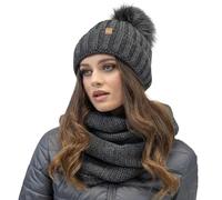 VIVISENCE Trendiges Damen-Set Mütze Mit Kunstpelz-Bommel Und Loop-Schal Aus Warmem Garn Antistatisches Fleece-Innenfutte, Perfekte Passform Mit Logo Aus Öko-Leder Ideal Für, Schwarzgrau,Einheitsgröße