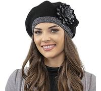 VIVISENCE Winter Baskenmütze Für Damen Herbst Warme Barette Aus Warmem Mischung Mit Blumen Applikation Frauen Elegante Klassischem Stil Perfekte Für Herbst Und Wintertage 7049, Schwarz,Einheitsgröße