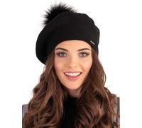 VIVISENCE Winter Baskenmütze Mit Bommel Für Damen Klassischem Herbst Frauen Mütze Schnitt Warmem Garn Mit Wollezusatz Eleganter Wintermütze Ideal Für Kalte Wintertage Modell, Schwarz,Einheitsgröße