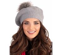 VIVISENCE Winter Baskenmütze Mit Bommel Für Damen Klassischem Herbst Frauen Mütze Schnitt Warmem Garn Mit Wollezusatz Eleganter Wintermütze Ideal Für Kalte Wintertage Modell 7035, Grau,Einheitsgröße