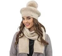 VIVISENCE Winter Baskenmütze Mit Bommel Für Damen Klassischem Herbst Frauen Mütze Schnitt Warmem Garn Mit Wollezusatz Eleganter Wintermütze Ideal Für Kalte Wintertage Modell 7035, Beige,Einheitsgröße