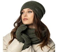 VIVISENCE Winter Damen Set Aus Wolle Mit Mütze, Schal Und Handschuhen Hergestellt Aus Weich Und Warm Garn Mit Melange-Muster Ideal Für Kalte Wintertage, Grüne Melange,Einheitsgröße