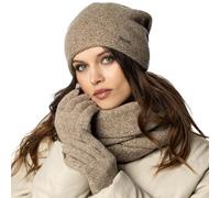 VIVISENCE Winter Damen Set Aus Wolle Mit Mütze, Schal Und Handschuhen Hergestellt Aus Weich Und Warm Garn Mit Melange-Muster Ideal Für Kalte Wintertage, Beige Melange,Einheitsgröße