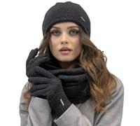 VIVISENCE Winter Damen Set Aus Wolle Mit Mütze, Schal Und Handschuhen Hergestellt Aus Weich Und Warm Garn Mit Melange-Muster Ideal Für Kalte Wintertage, Schwarze Melange,Einheitsgröße