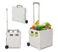 Vkechh Einkaufstrolley Klappbar, mit neigbarer Teleskopgriff & Deckel, 2 x Rollen, bis 25 kg, 45 Liter Kiste, Trolleys für Einkauf, Märkte und Camping, Weiß