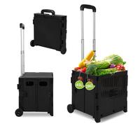 Vkechh Einkaufstrolley Klappbar, mit neigbarer Teleskopgriff & Deckel, 2 x Rollen, bis 25 kg, 45 Liter Kiste, Trolleys für Einkauf, Märkte und Camping, Schwarz