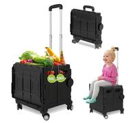 Vkechh Einkaufstrolley Klappbar, mit neigbarer Teleskopgriff & Deckel, 4 x 360° Rollen, bis 30 kg, 50 Liter Kiste, Trolleys für Einkauf, Märkte und Camping, Schwarz