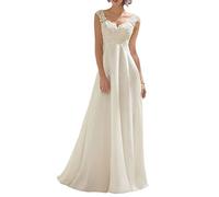 VKStar® Brautkleid Lang Spitze Chiffon Hochzeitskleider Brautmode V-Ausschnitt Elfenbein 44
