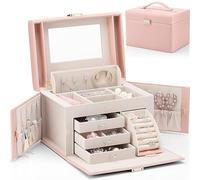 Vlando Faux Leather Jewellery Box, Hochleistungs-Schmuck-Organizer Aufbewahrungsbox mit 3 Schubladen für Armbänder, Ohrringe, Ringe, Halsketten, Geburtstagsgeschenk zur Hochzeit (Pink)