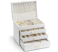 Vlando Modern Schmuckkästchen Groß,Schmuckaufbewahrung mit 4 Ebenen,Schmuckschatulle Damen, für Ohrringe, Ringe Schmuck Aufbewahrung, mit Schubladen, Spiegel, Uhrenkissen, Geschenk für frauen