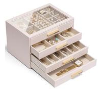 Vlando Schmuckkästchen Groß, Schmuckkasten mit 4 Ebenen, Schmuck Organizer mit Glasdeckel, 4 Schubladen,für Halsketten, Ohrringe, Uhren, Armbänder, Schmuckaufbewahrung, Modern, Cinderella Plus, Rosa