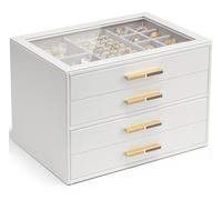 Vlando Schmuckkästchen Groß, Schmuckkasten mit 4 Ebenen, Schmuck Organizer mit Glasdeckel, 4 Schubladen,für Halsketten, Ohrringe, Uhren, Armbänder, Schmuckaufbewahrung, Modern, Cinderella Plus, Weiß