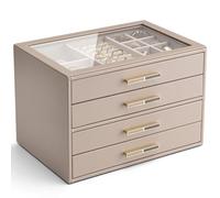 VLANDO Schmuckkästchen Groß, Schmuckkasten mit 4 Ebenen, Schmuck Organizer mit Glasdeckel, 4 Schubladen,für Halsketten, Ohrringe, Uhren, Armbänder, Schmuckaufbewahrung, Modern, Milchkaffee