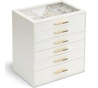 Vlando Schmuckkästchen mit 6 Ebenen für Damen, Glasdeckel, Schmuck-Organizer mit 6 Schubladen für Halsketten, Ringe, Ohrringe, Armbänder - Weiß