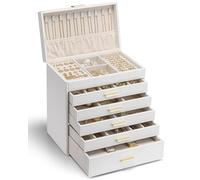 Vlando Schmuckkasten Schmuckschatulle Schmuckkästchen-Groß Schmuckbox-Damen, mit 6 Ebenen Schubladen aus Faux Leder für Ohrringe Ketten Schmuck Organizers Weiß