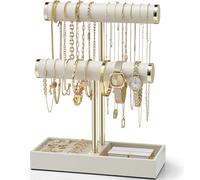 Vlando Schmuckständer in Beige und Gold, Multifunktionaler Schmuckhalter aus Leder und Metall, 25x28x10 cm, Modern Schmuckaufbewahrung, für Armbänder, Halsketten, Ohrringe